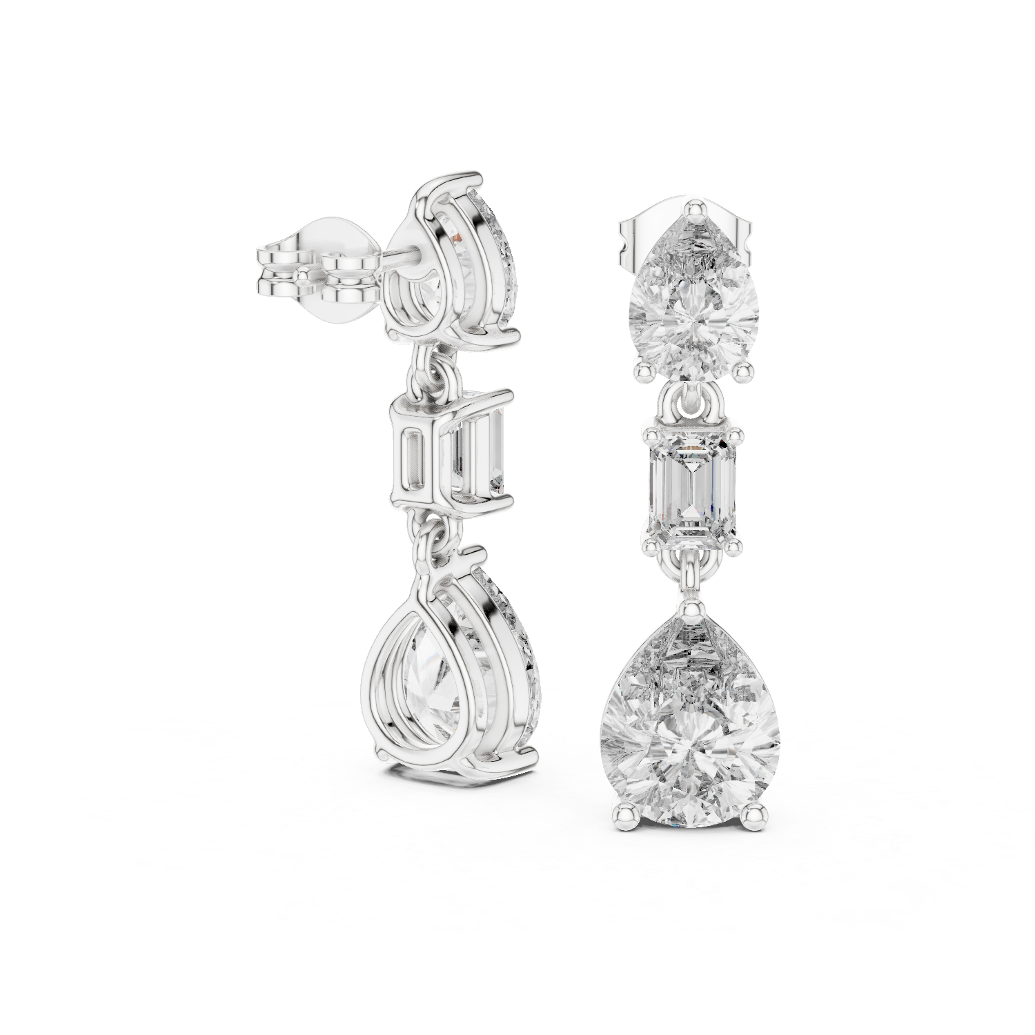 Pear and emerald cut lab grown diamond drop earrings in gold by Signora Jewels