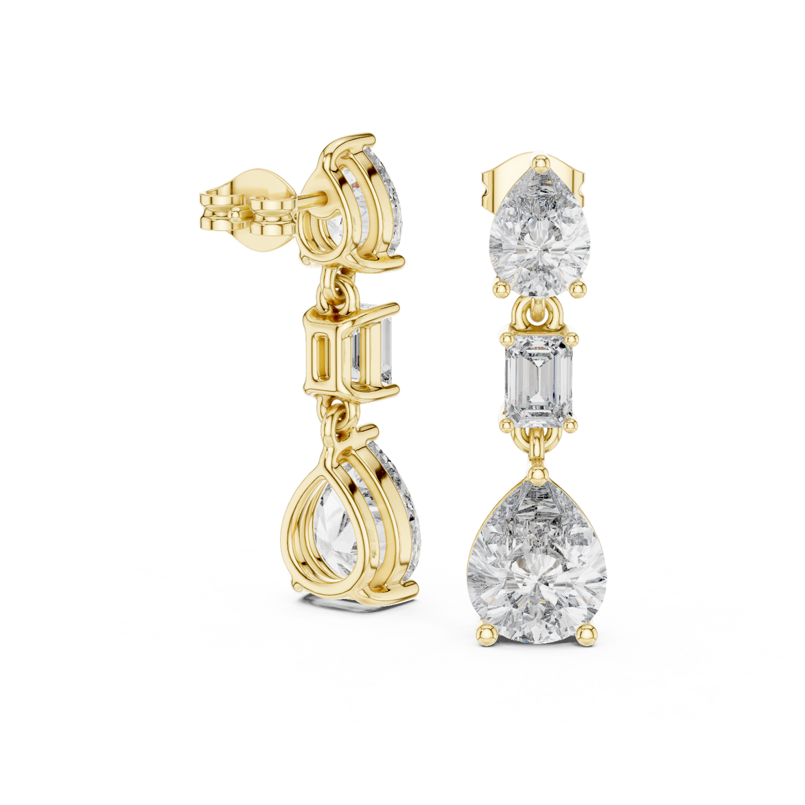 Pear and emerald cut lab grown diamond drop earrings in gold by Signora Jewels