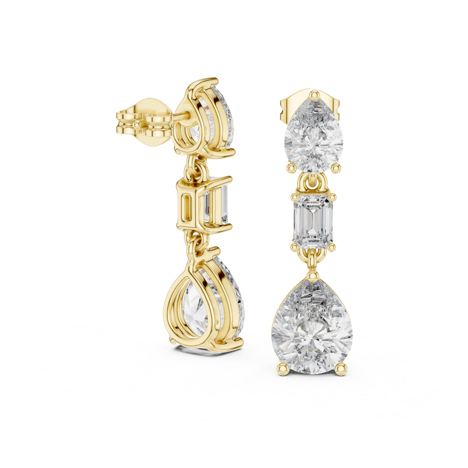 Pear and emerald cut lab grown diamond drop earrings in gold by Signora Jewels