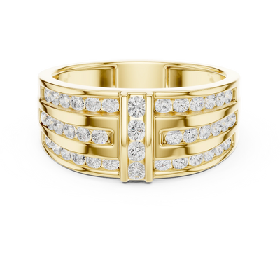 Round diamond multi row band ring in yellow gold
