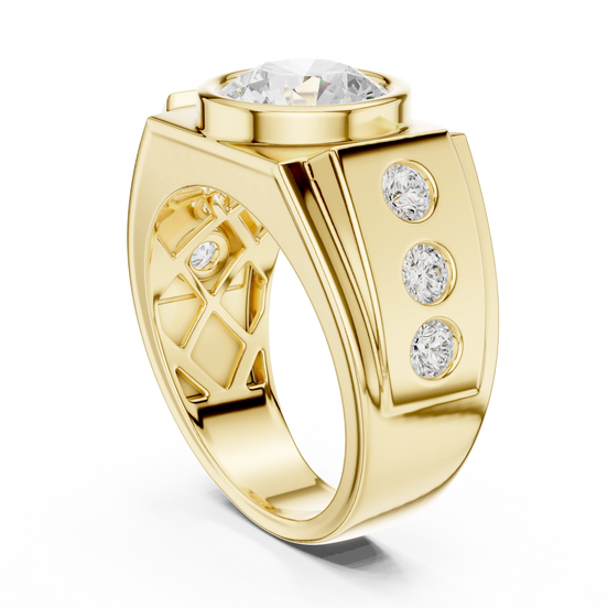 Round diamond bezel signet ring in yellow gold
