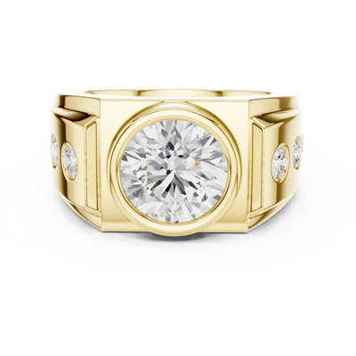 Round diamond bezel signet ring in yellow gold
