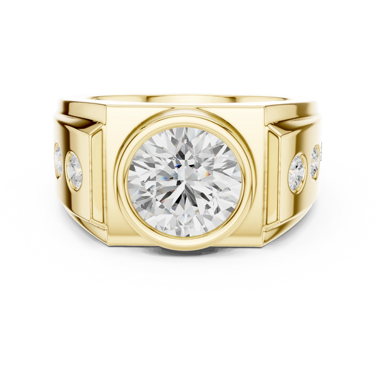 Round diamond bezel signet ring in yellow gold
