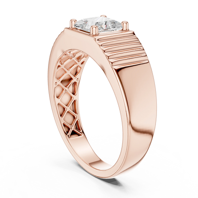Princess cut diamond grooved signet ring in rose gold
