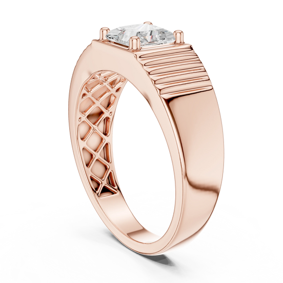 Princess cut diamond grooved signet ring in rose gold
