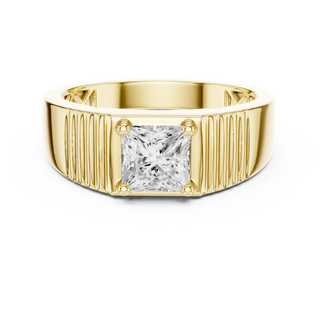 Princess cut diamond grooved signet ring in yellow gold
