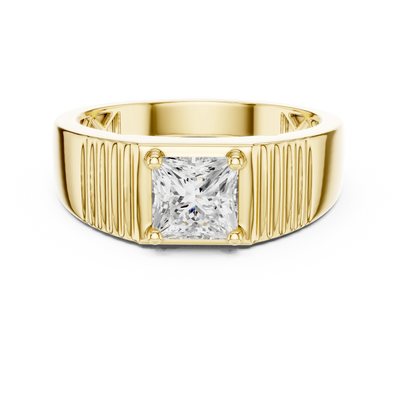 Princess cut diamond grooved signet ring in yellow gold
