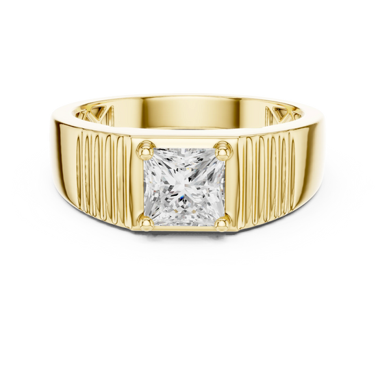 Princess cut diamond grooved signet ring in yellow gold
