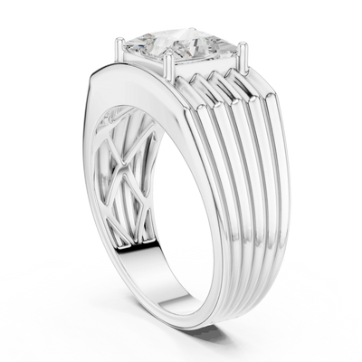 Princess cut lab grown diamond ribbed signet ring in white gold