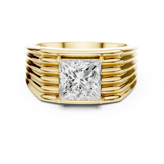 Princess cut lab grown diamond ribbed signet ring in yellow gold