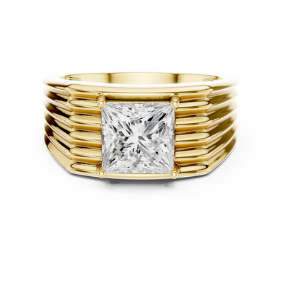 Princess cut lab grown diamond ribbed signet ring in yellow gold