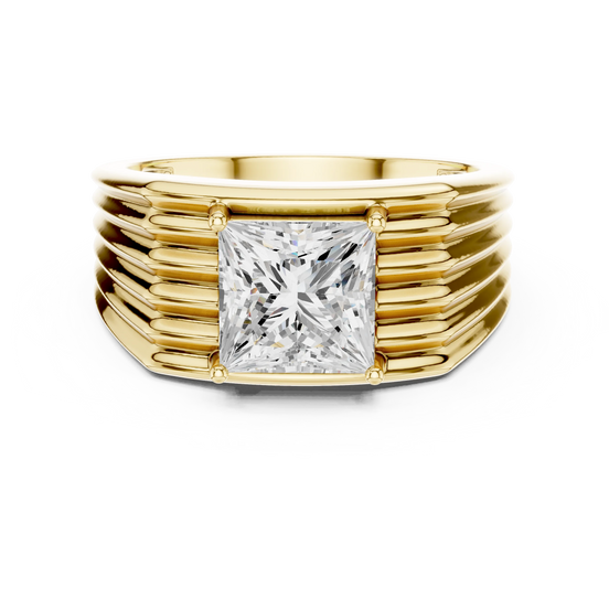 Princess cut lab grown diamond ribbed signet ring in yellow gold