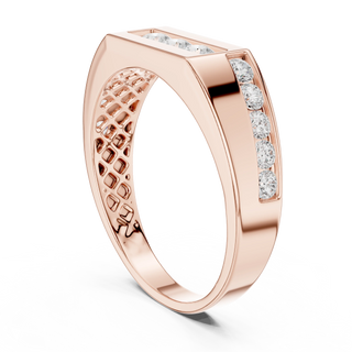 Round lab grown diamond three-stone channel men's ring in rose gold.