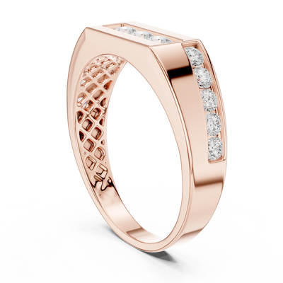 Round lab grown diamond three-stone channel men's ring in rose gold.