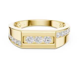 Round lab grown diamond three-stone channel men's ring in yellow gold.