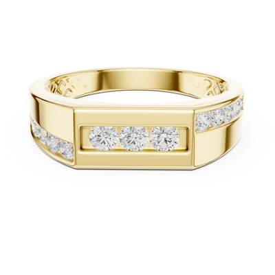 Round lab grown diamond three-stone channel men's ring in yellow gold.