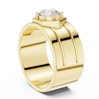 Round lab grown diamond hexagon signet ring in yellow gold