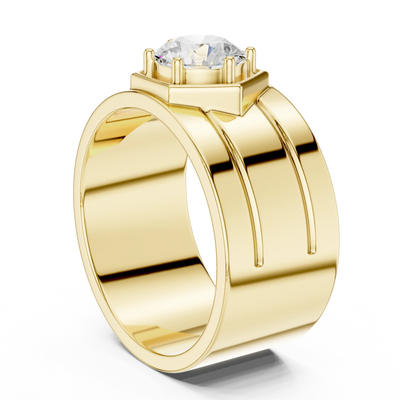 Round lab grown diamond hexagon signet ring in yellow gold