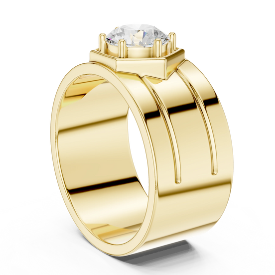 Round lab grown diamond hexagon signet ring in yellow gold