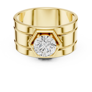 Round lab grown diamond hexagon signet ring in yellow gold