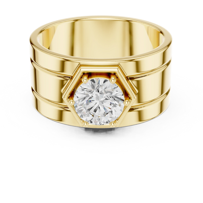 Round lab grown diamond hexagon signet ring in yellow gold