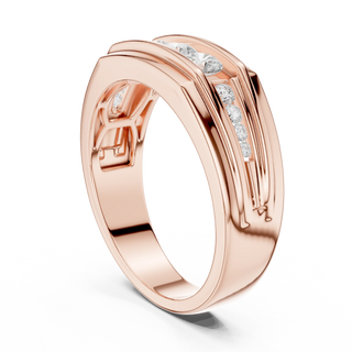 Round three-stone channel set men's diamond ring in rose gold