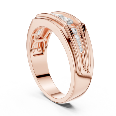 Round three-stone channel set men's diamond ring in rose gold