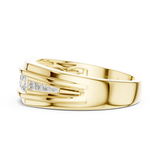 Round three-stone channel set men's diamond ring in yellow gold