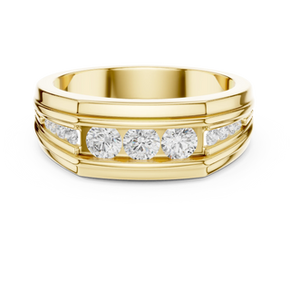 Round three-stone channel set men's diamond ring in yellow gold