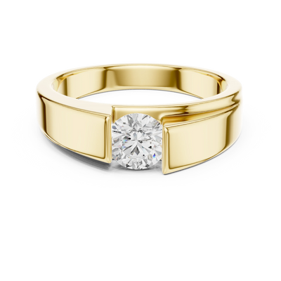 Round lab grown diamond modern men's ring in yellow gold.