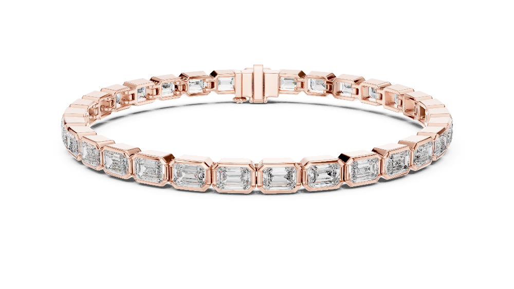 Rose gold bracelet with diamond accents on a white background