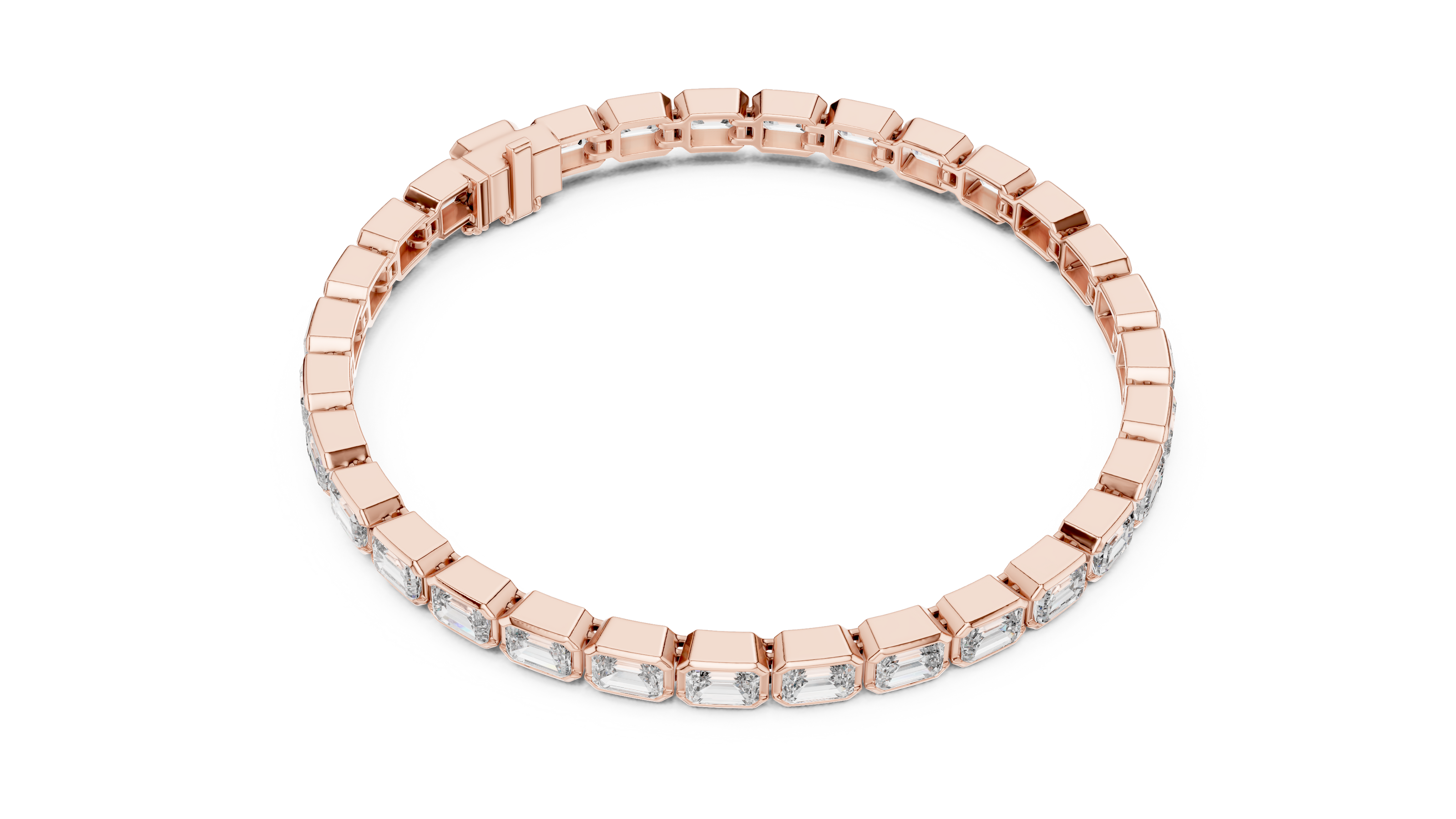 Rose gold bracelet with clear stones on a white background