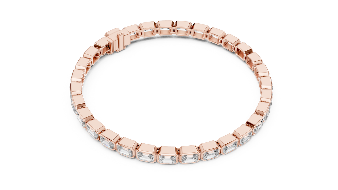 Rose gold bracelet with clear stones on a white background