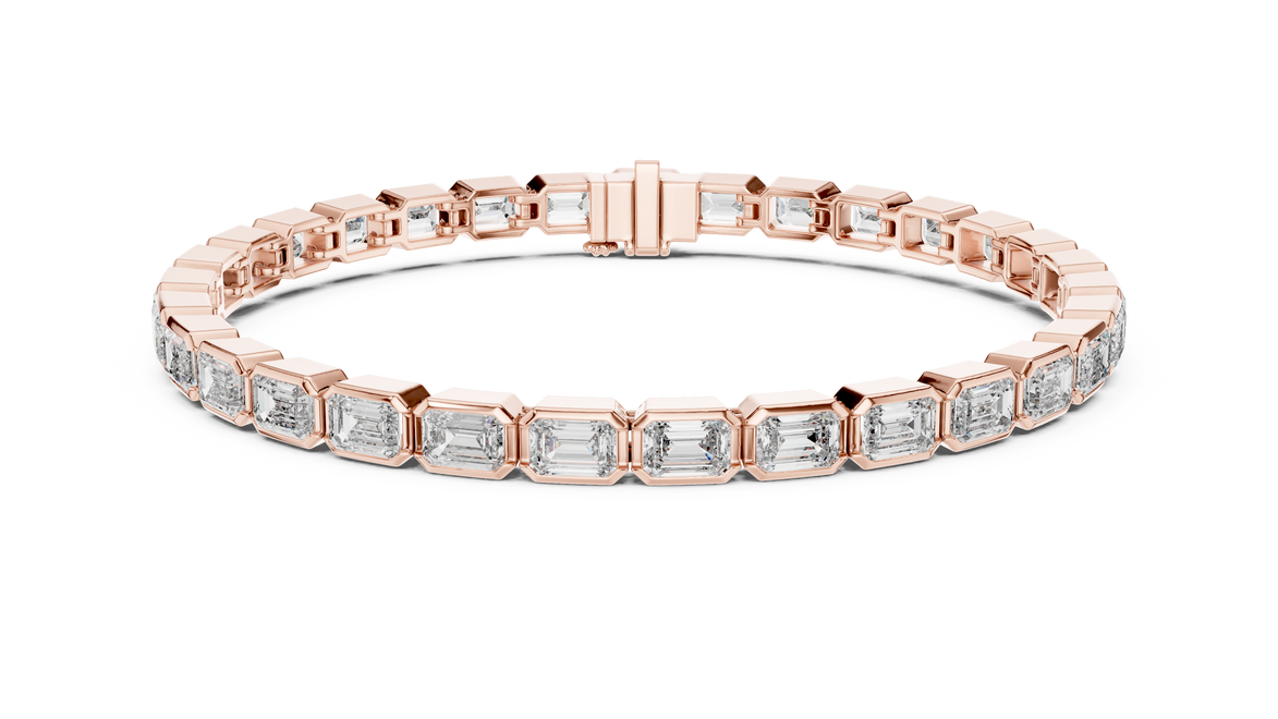 Rose gold bracelet with diamond accents on a white background