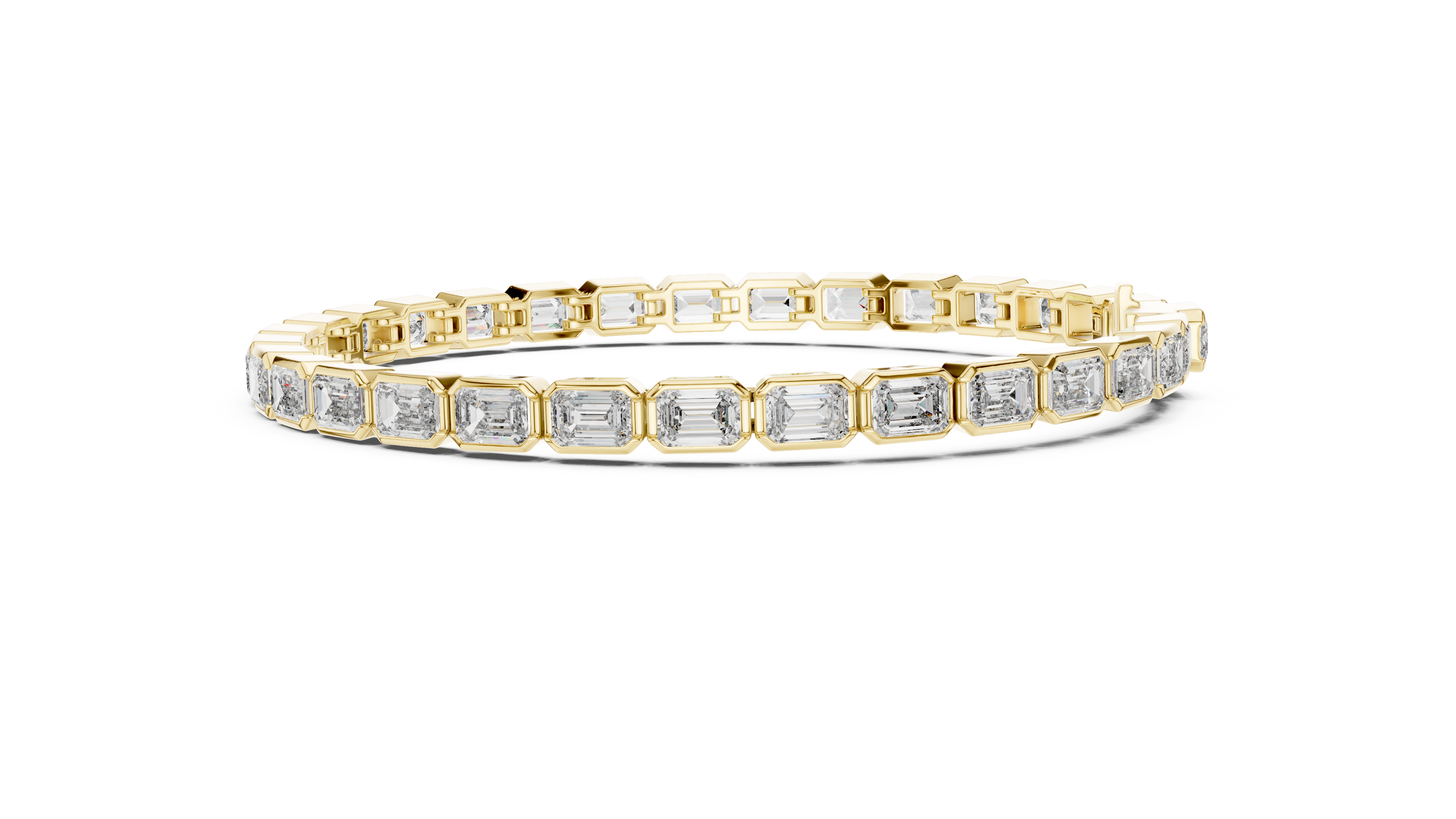 Gold bracelet with emerald-cut diamonds on a white background