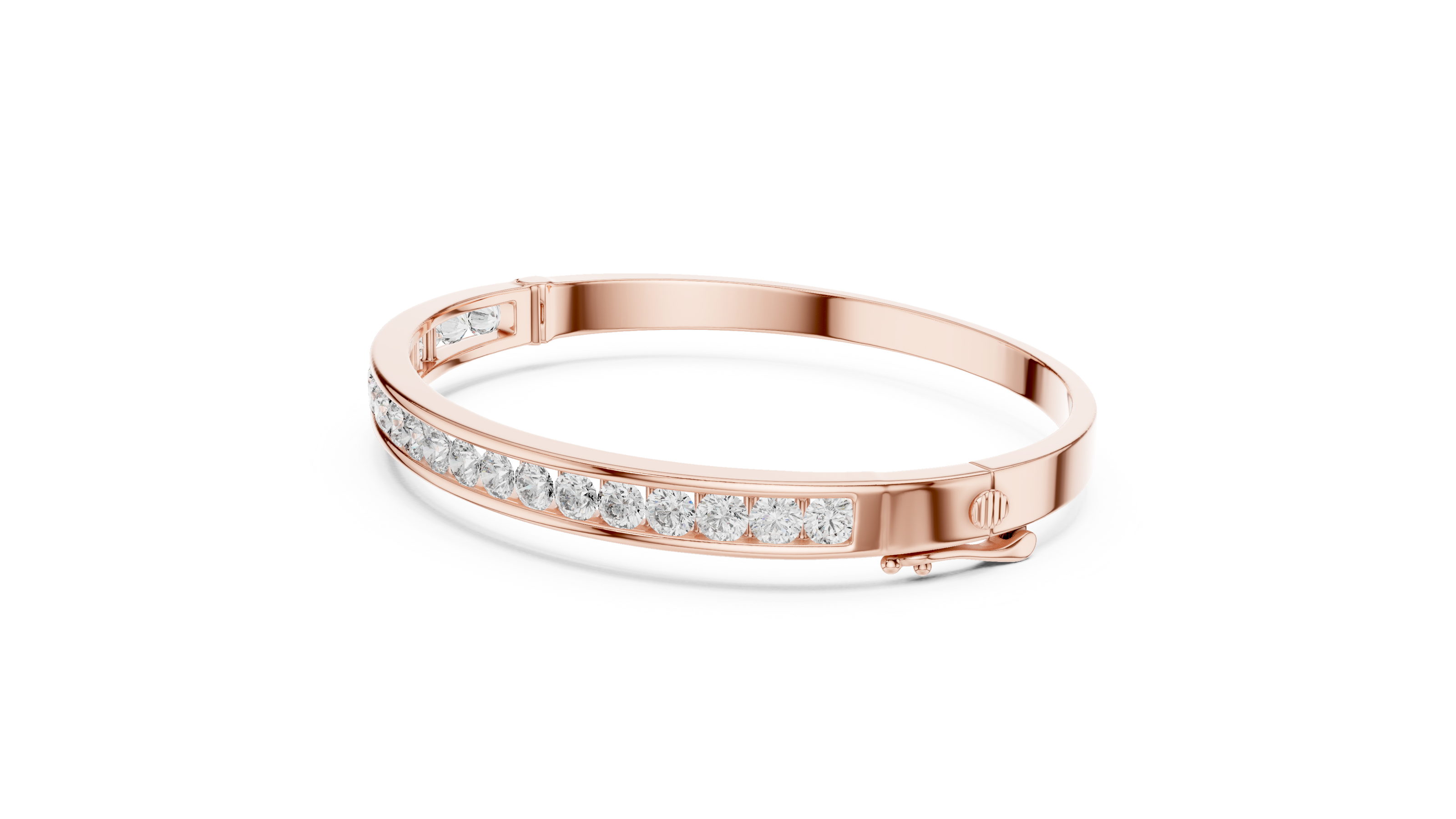 Channel set lab grown diamond bangle bracelet in yellow gold white gold and rose gold with sleek round diamond design