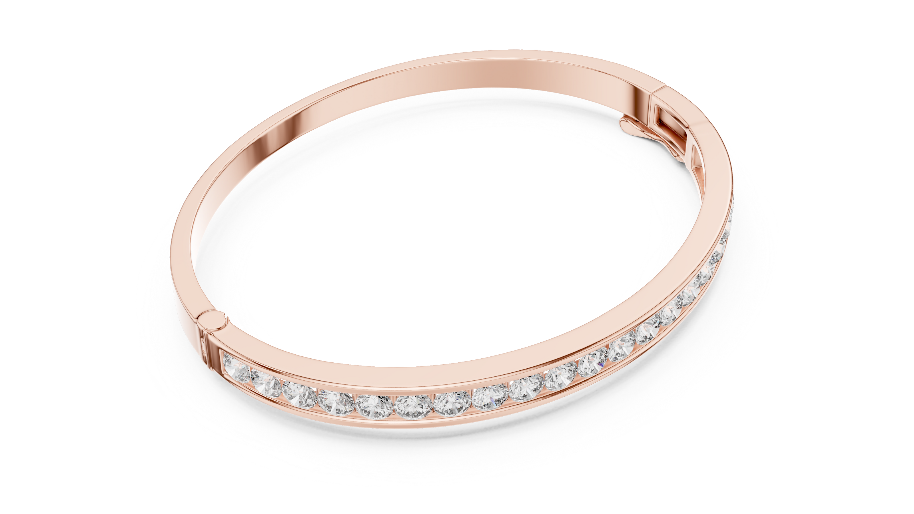 Channel set lab grown diamond bangle bracelet in yellow gold white gold and rose gold with sleek round diamond design