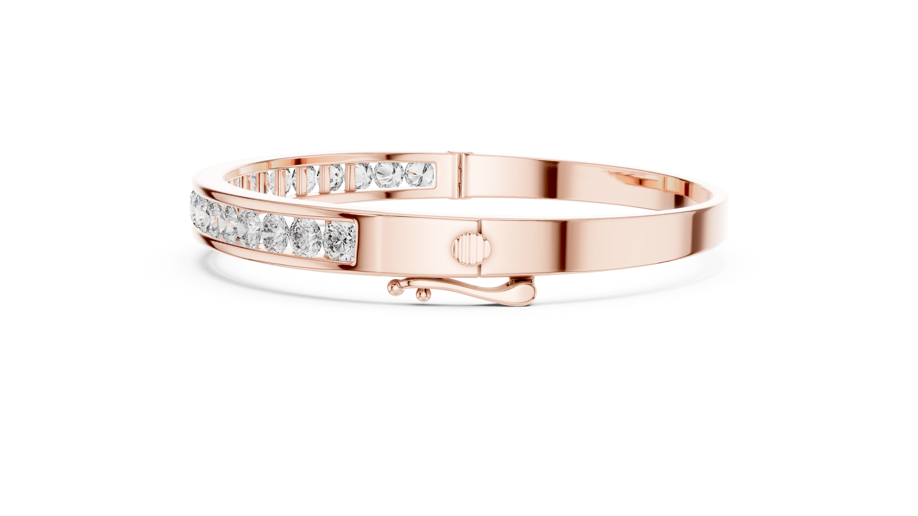 Channel set lab grown diamond bangle bracelet in yellow gold white gold and rose gold with sleek round diamond design