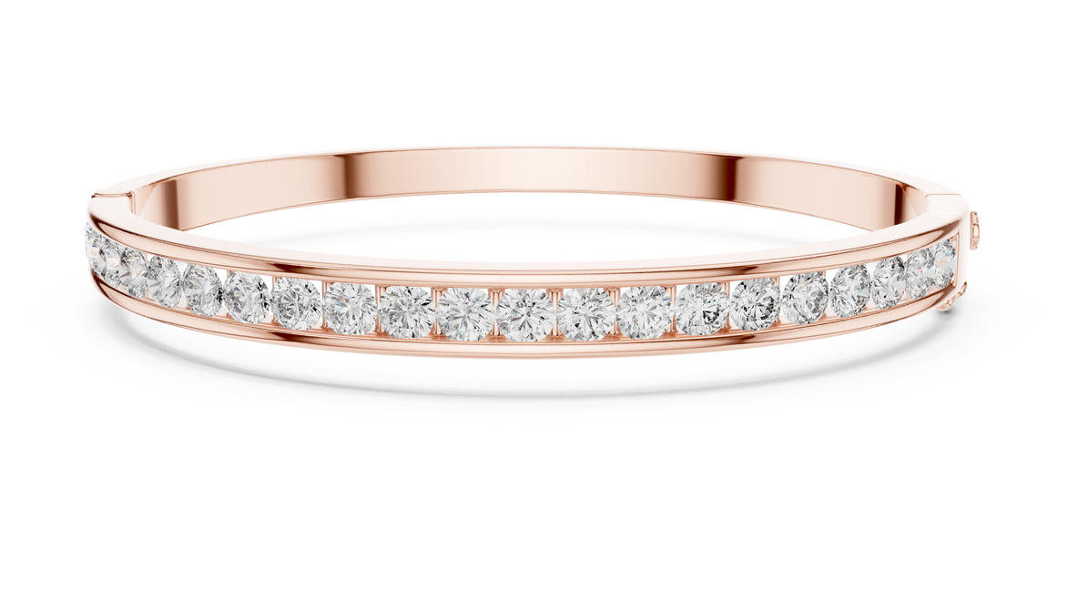 Channel set lab grown diamond bangle bracelet in yellow gold white gold and rose gold with sleek round diamond design