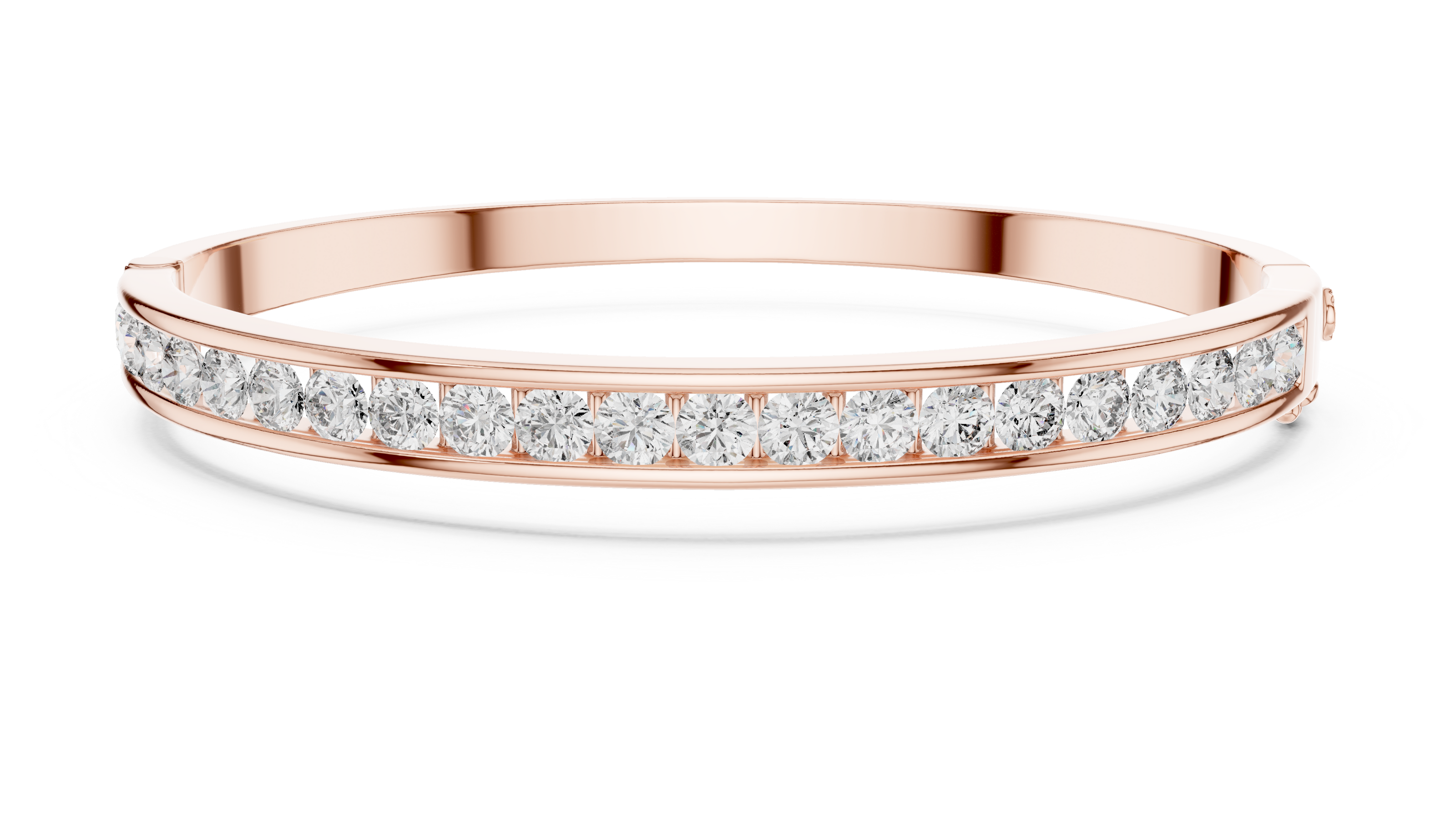 Channel set lab grown diamond bangle bracelet in yellow gold white gold and rose gold with sleek round diamond design
