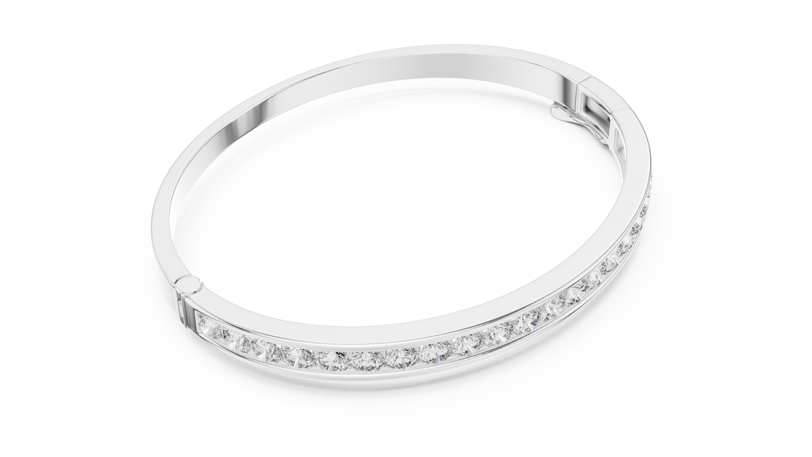 Channel set lab grown diamond bangle bracelet in yellow gold white gold and rose gold with sleek round diamond design