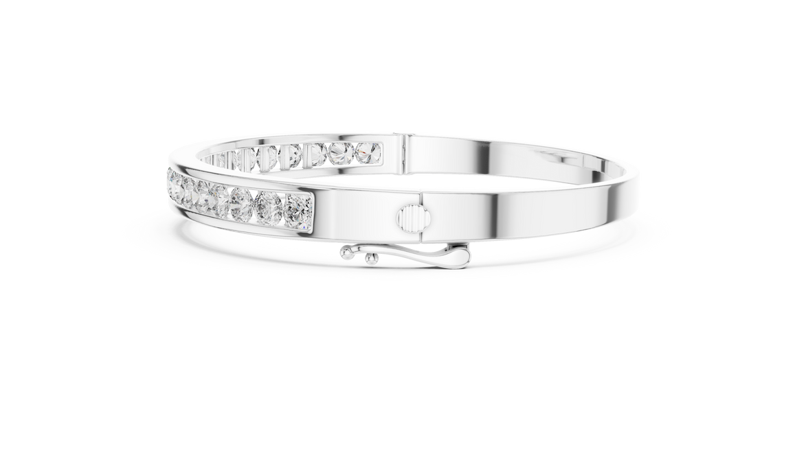 Channel set lab grown diamond bangle bracelet in yellow gold white gold and rose gold with sleek round diamond design