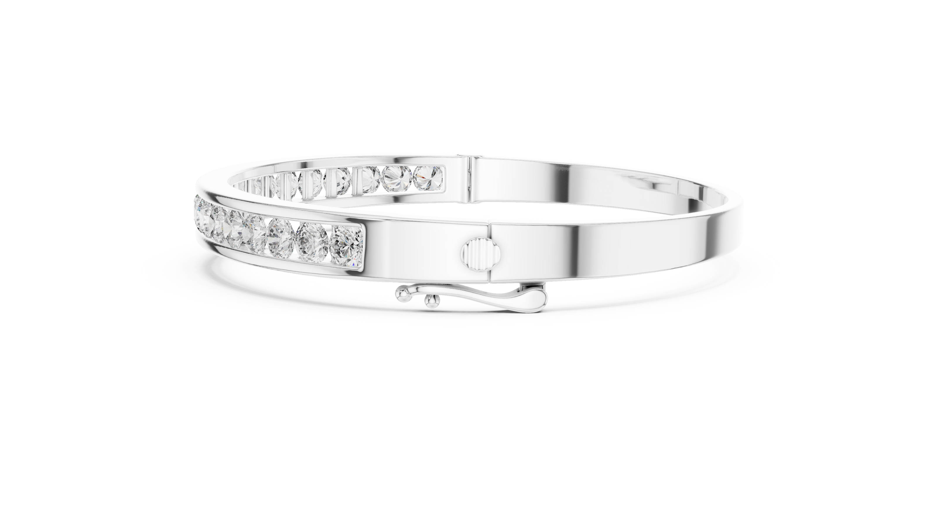Channel set lab grown diamond bangle bracelet in yellow gold white gold and rose gold with sleek round diamond design