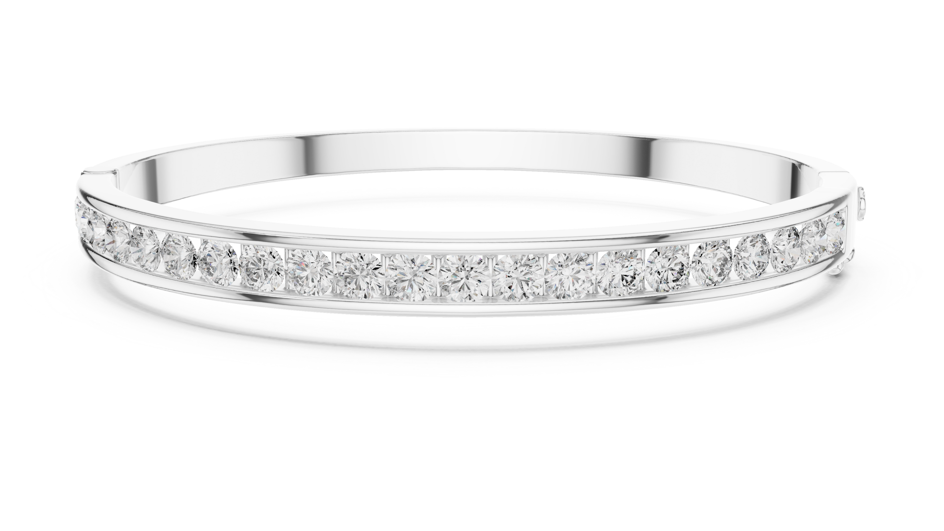 Channel set lab grown diamond bangle bracelet in yellow gold white gold and rose gold with sleek round diamond design