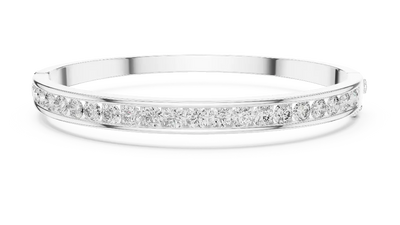 Channel set lab grown diamond bangle bracelet in yellow gold white gold and rose gold with sleek round diamond design