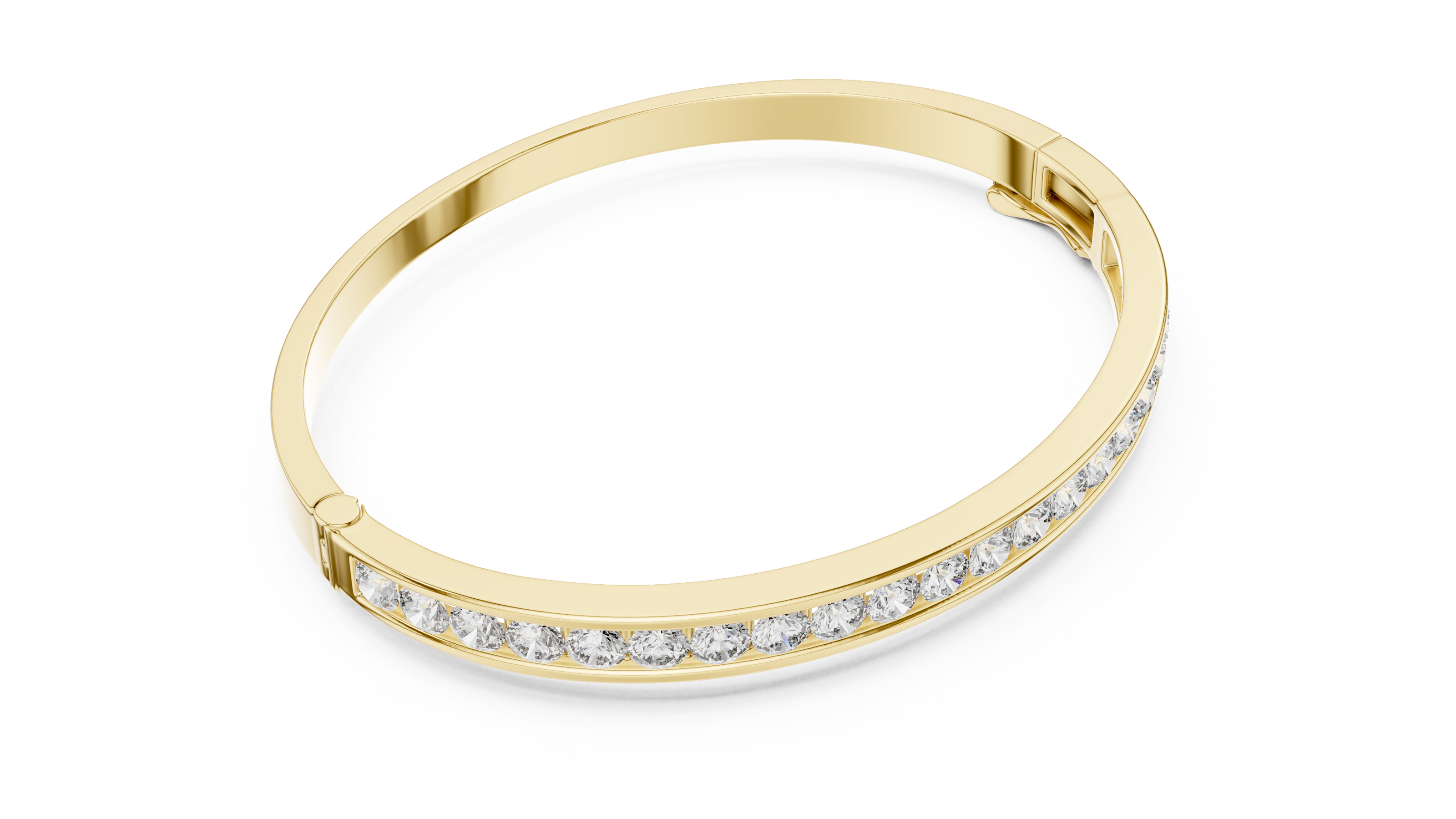 Channel set lab grown diamond bangle bracelet in yellow gold white gold and rose gold with sleek round diamond design