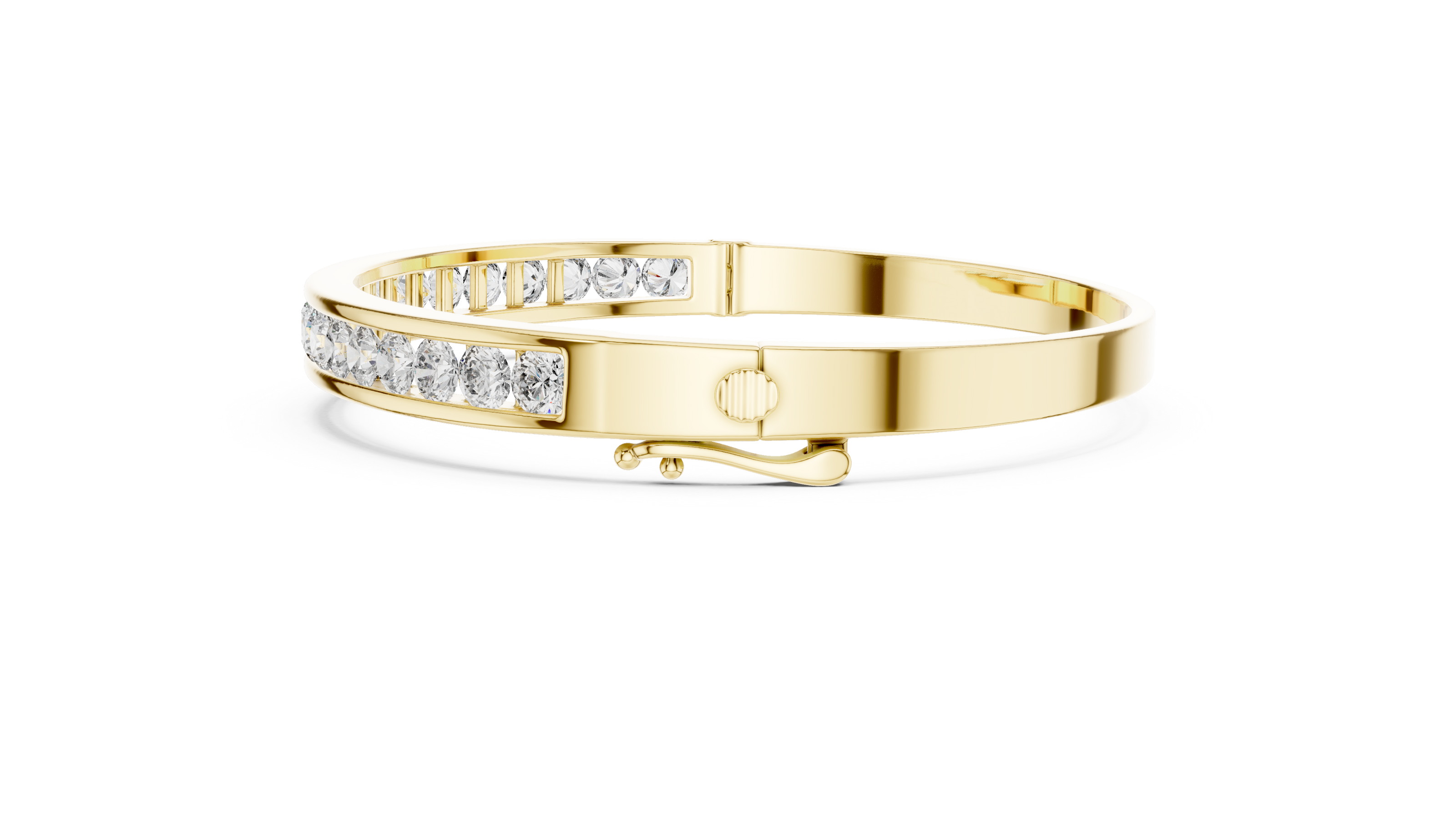 Channel set lab grown diamond bangle bracelet in yellow gold white gold and rose gold with sleek round diamond design
