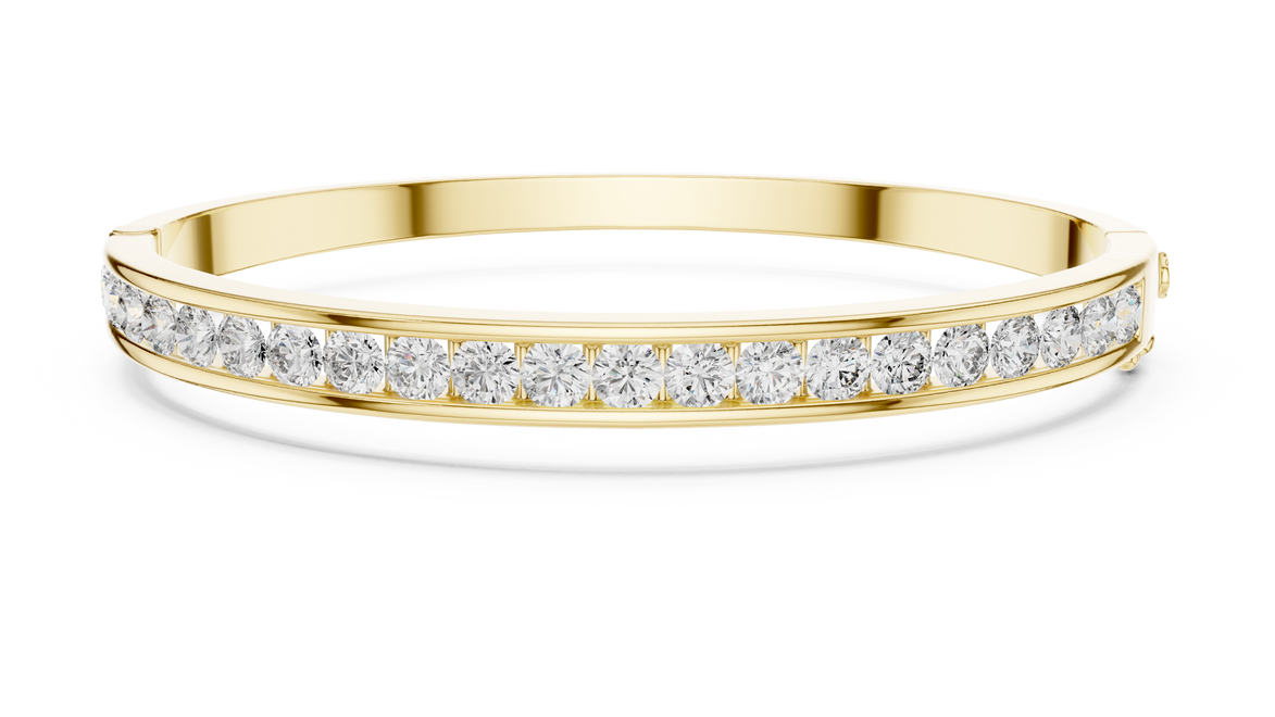 Channel set lab grown diamond bangle bracelet in yellow gold white gold and rose gold with sleek round diamond design