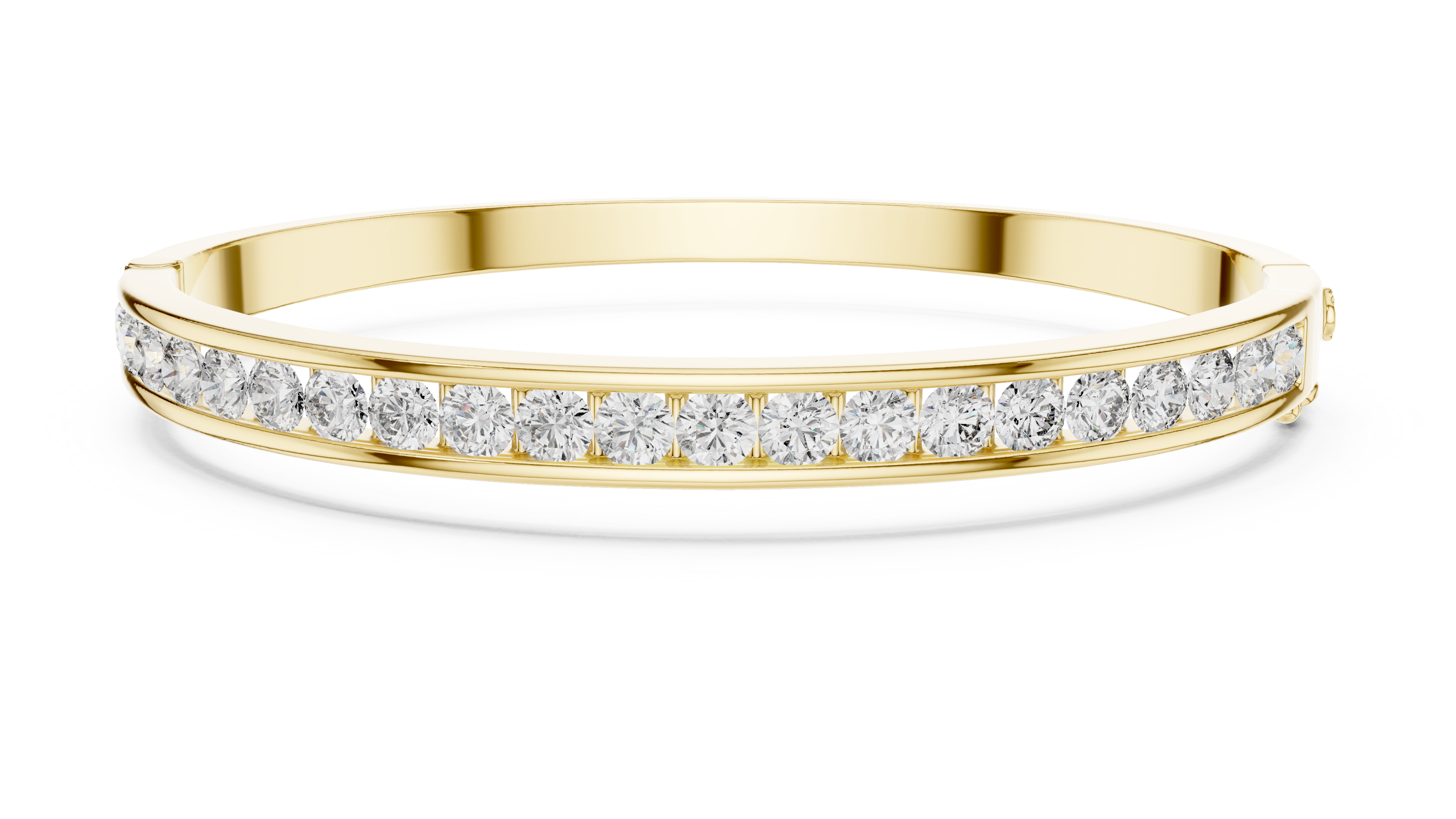 Channel set lab grown diamond bangle bracelet in yellow gold white gold and rose gold with sleek round diamond design