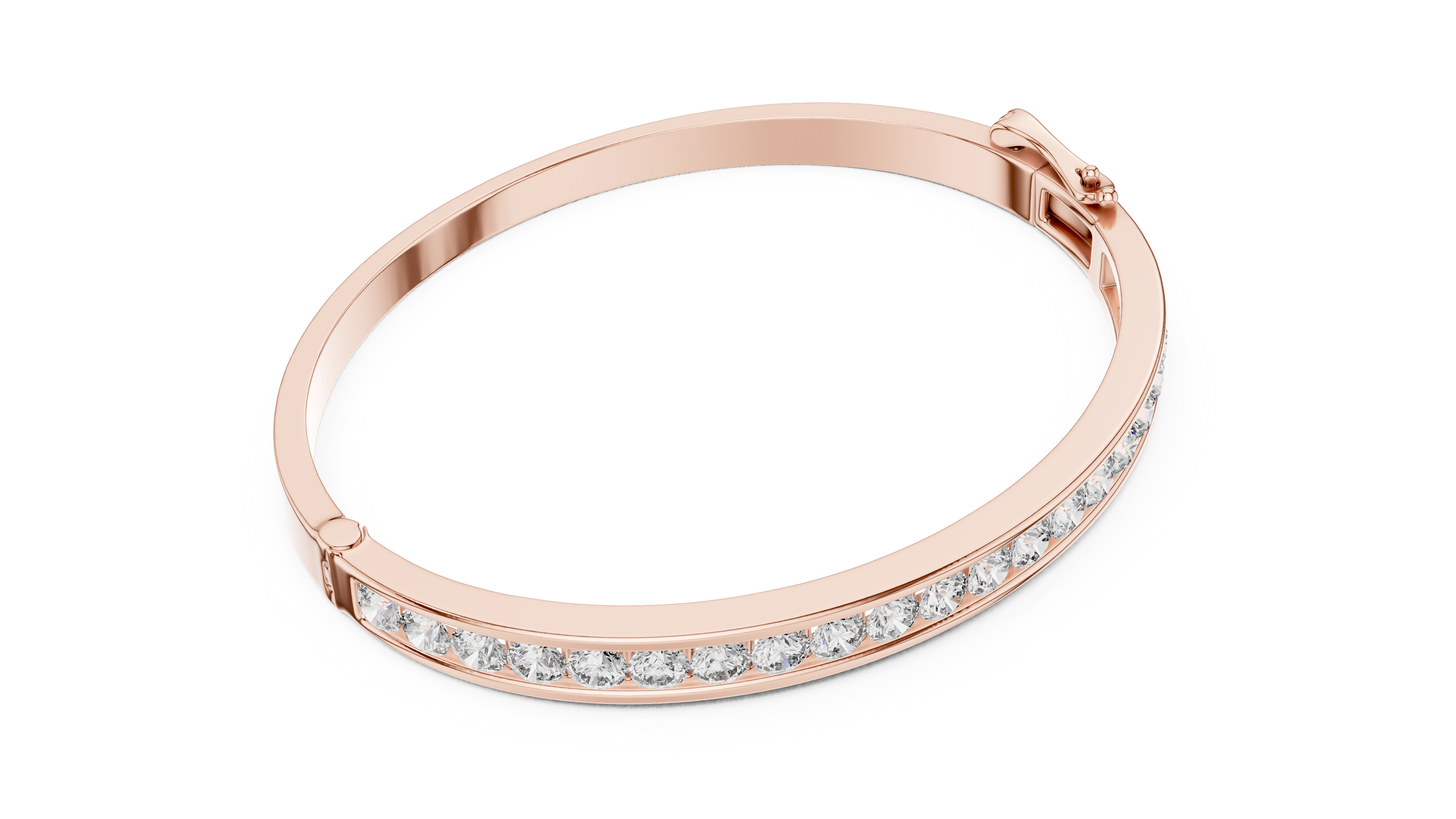 Rose gold bracelet with clear stones on a white background